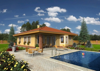 Einfamilienhaus mit Walmdach und gewölbtem Essbereich.